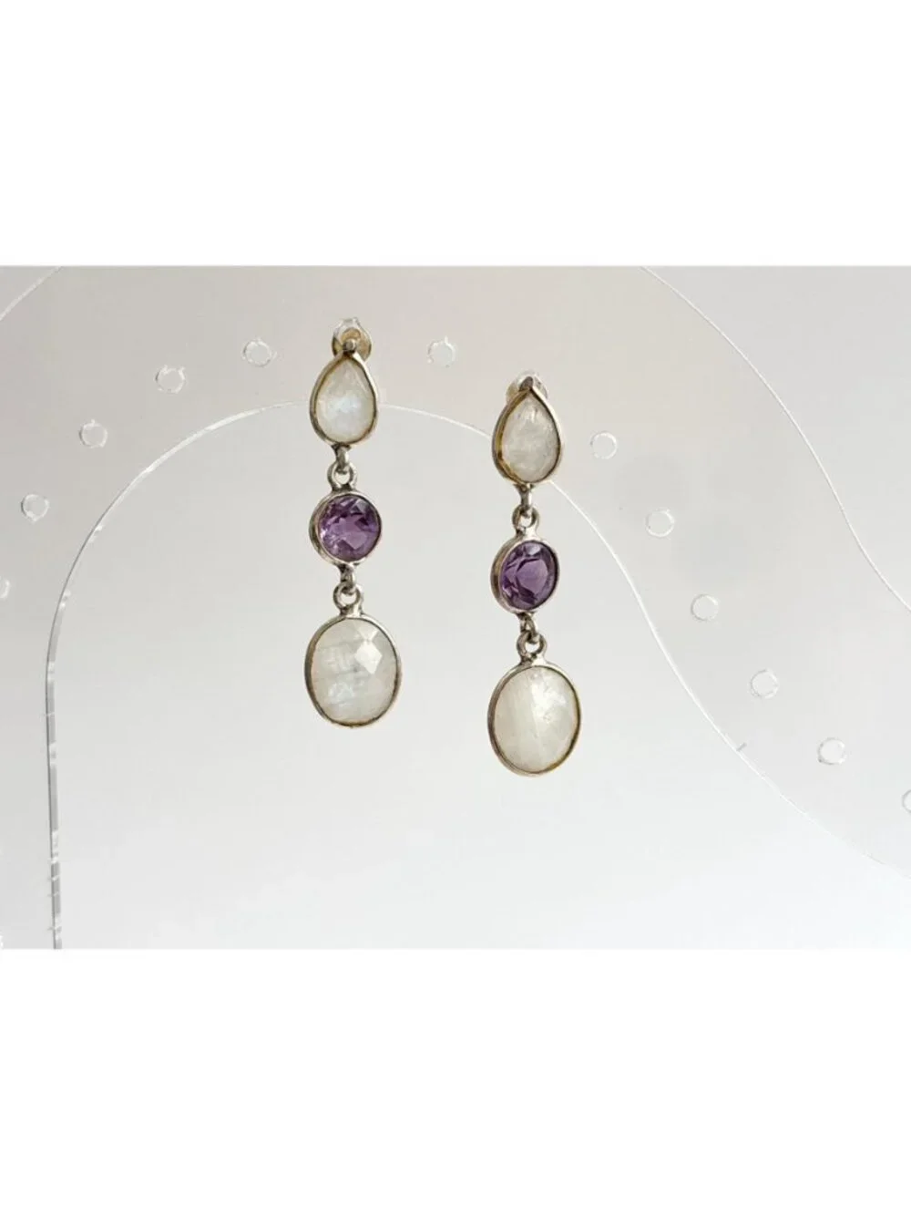 Moonstone & Amethyst Multi Gemstone Vintage Sterling Silver 925 Dangle Earrings